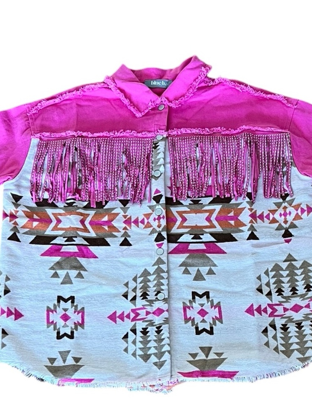 New blue b Hot Pink Taupe Silver Stud Fringe Aztec Flannel Twill Jacket Shacket - Picture 4 of 5